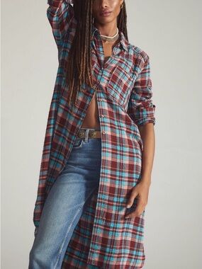 Pilcro Long Plaid Tunic in Burgundy and Teal